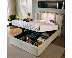 HAUSS SPOLE Gestoffeerd Bed 90x200 cm - Met Leeslamp En 2 USB Poorten, Opbergruimte, Zonder Matras - Linnen - Natuurlijk