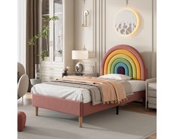 HAUSS SPOLE Gestoffeerd Bed 90x200 - Eenpersoonsbed Met Verstelbaar Regenboog Hoofdeinde - lattenbodem - bekleding van PU-leer - Fluweel - Roze