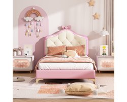 HAUSS SPOLE Gestoffeerd Bed 90x200 - Kinderbed Met Boogvormig Hoofdbord En LED - Met Lattenbodem - Kunstleer - Roze
