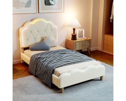 HAUSS SPOLE Gestoffeerd Bed 90x200 - Kinderbed Met Gewelfd Hoofdbord En LED-Strepen - Polsterbed Met Lattenbodem - Kunstleer - Wit