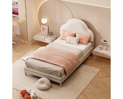 HAUSS SPOLE Gestoffeerd Bed 90x200 - Kinderbed Met Wolkvormig Hoofdbord En LED Verlichting - Met Lattenbodem - Fluweel - Beige