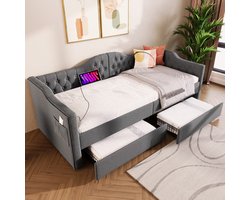HAUSS SPOLE Gestoffeerd Bed 90x200cm – Dagbed Met Getuft Hoofdeinde & Wolkvormige Leuningen – 2 Lades + USB Type-C – Linnen – Grijs – Zonder Matras