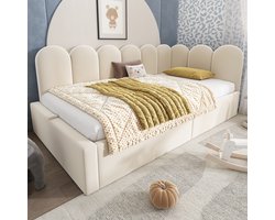 HAUSS SPOLE Gestoffeerd Bed 90x200cm - Dagbed Met Hydraulische Opbergruimte En Wisselbare Zijpanelen - Met IJzeren Lattenbodem - Fluweel - Beige - Zonder matras