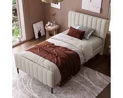 HAUSS SPOLE Gestoffeerd Bed 90x200cm - Eenpersoonsbed Bedombouw Met Lattenbodem en Verstelbaar Hoofdeinde - Massief Hout En Linnen -Beige(Met Matras)