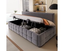 HAUSS SPOLE Gestoffeerd Bed 90x200cm - Hydraulische Opbergruimte en Lattenbodem - Zonder Armleuningen - Met Ruitmotief - Fluweel - Donkergrijs - Zonder matras