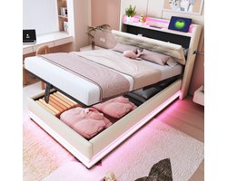 HAUSS SPOLE Gestoffeerd Kinderbed 90x200 cm - Hydraulische Berging en Opbergruimte - 3x USB + Type-C Opladen - LED Licht - Linnen - Beige - Zonder matras
