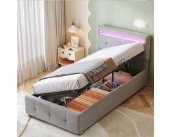 HAUSS SPOLE Gestoffeerd Kinderbed 90x200 cm - Met LED En Opbergruimte - Verstelbaar Hoofdbord - Zonder Matras - Grijs