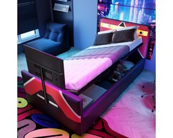 HAUSS SPOLE Gestoffeerd Kinderbed 90x200 cm - Met Led Sfeerverlichting En Tv Beugel - Met Hydraulische Opbergruimte - Met Matras Zonder - Pu Leer - Zwart