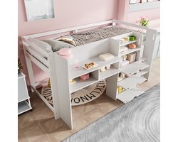 HAUSS SPOLE Halfhoog Bed 90x200 cm - Huisvorm Met Opbergvakken En Speelhoek Onder Bed - Zonder Matras - Grenenhout - Wit