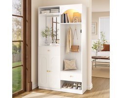 HAUSS SPOLE Halmeubel - Compacte Flurgarderobe Met Spiegel, Zitbank, Haken En Ledverlichting - MDF - 100 x 35 x 180 cm - Wit