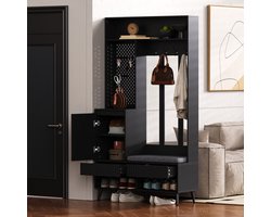 HAUSS SPOLE Halmeubel - Garderobeset Met Schoenbank, 4 Haken, 2 Lades En 1 Deur - Voor Hal En Entree - MDF - 100x35x180 Cm - Zwart