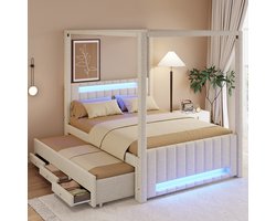 HAUSS SPOLE Hemelbed 140x200 cm - Gestoffeerd Bed Met Uitschuifbed, Led En 3 Laden - Zonder Matras - Linnen - Beige