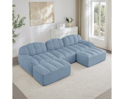 HAUSS SPOLE Hoekbank - Modulair Bankstel - U-Vorm Met Ottomans - Diepe Zitting En Zonder Frame - Voor Woonkamer En Appartement - Ribstof Blauw