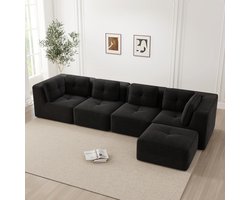 HAUSS SPOLE Hoekbank - Modulaire 4-Zits Zitbank - L-Vorm Met Ottomaan En Diepe Zitting - Voor Woonkamer - Cord Zwart