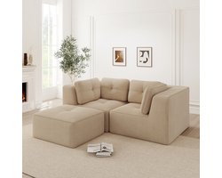 HAUSS SPOLE Hoekbank - Modulaire L-Vormige Bank - Verplaatsbare Hocker - Comfortabel Voor Woonkamer En Slaapkamer - Cord Beige