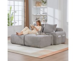 HAUSS SPOLE Hoekbank Set Met 2 Hockers - Modulaire 2 Zits Bank Met Bekerhouder En Opbergtas - Voor Woonkamer En Lounge - Ribstof Lichtgrijs