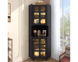 HAUSS SPOLE Hoekkast - Zwarte MDF Opbergkast Met App-Gestuurde LED En 3-Zones Indeling - Met 2 Glazen Deuren - 63,5x157,5 Cm