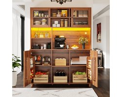 HAUSS SPOLE Hoge Kast Met Ledverlichting En Usb - Met Glazen Schuifdeuren Voor Keuken En Woonkamer - MDF Walnootbruin - 140x40x185 Cm