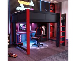 HAUSS SPOLE Hoogslaper 140x200 cm - Met Bureau, Kast En Opbergruimte - Zonder Matras - Gaming Slaap En Werkruimte - Hout - Zwart Rood