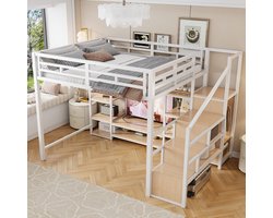 HAUSS SPOLE Hoogslaper 140x200 cm - Met Tv-Meubel En Stopcontact - Ruimtebesparend Zonder Matras - Metaal En Hout - Wit