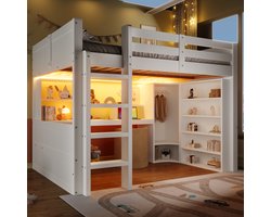 HAUSS SPOLE Hoogslaper 140x200cm - Met LED-licht - Kledingkast, Schrijftafel En 3 Laden - Multifunctioneel Met Opbergruimte - Zonder matras - Grenen/MDF - Wit