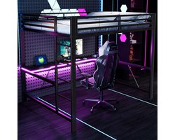 HAUSS SPOLE Hoogslaper 160x200cm - Met Bureau, Ledverlichting En Usb Oplaadpunt - Met Opbergruimte Onder Bed - Zonder Matras - Metaal En MDF - Zwart