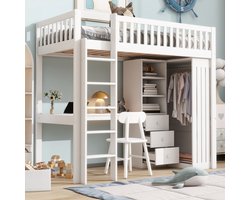 HAUSS SPOLE Hoogslaper 90x200 Cm - Kinderbedden Met Bureau, Kast En 3 Laden - Veiligheid Met Leuning En Trap - Grenenhout - Wit