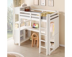HAUSS SPOLE Hoogslaper 90x200 cm - Met Bureau, Kast en Open Planken - Zonder Matras - Grenenhout en MDF - Wit