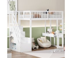HAUSS SPOLE Hoogslaper 90x200cm - Met Multifunctionele Tafel En Opbergtrap - Ruimte Onder Bed Voor Spelen En Leren - Met Lattenbodem - Zonder matras - Hout - Wit