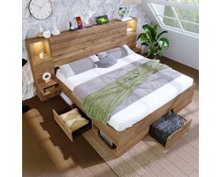 HAUSS SPOLE Houten Bed 180x200 cm - Met Led Spotlampen En Usb Plus Type C - Met Opberglades En Nissen - Zonder Matras - Eiken