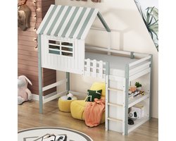 HAUSS SPOLE Huisbed 90x200 cm - Kinderbed Met Dakvorm En Veiligheidshek - Met Opbergruimte En Speelruimte - Massief Grenen - Groen - Zonder matras