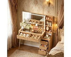 HAUSS SPOLE Kaptafel - Grote Spiegel Met Verlichting En Oplaadstation - Voor Slaapkamer Met Lades En Glasblad - Houtlook - 117x40x137 Cm