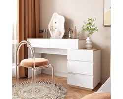 HAUSS SPOLE Kaptafel – Klassieke Kaptafel Met 5 Lades Voor Slaapkamer En Make-Up Opslag – E1 Spaanplaat Met Eikenlook – Compact En Stabiel – Wit+Notenbruin