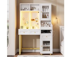 HAUSS SPOLE Kaptafel - Met Ledverlichting En Oplaadpunten - Met Opbergruimte Voor Slaapkamer En Werkplek - MDF - 100x45x156 Cm - Wit Goud