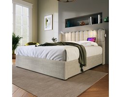 HAUSS SPOLE Katoen linnen Gestoffeerd Bed 140x200cm - Eenpersoonsbed met USB-Oplader en Leeslamp - met hydraulische hendel - Met Opbergruimte - Beige(zonder matras)