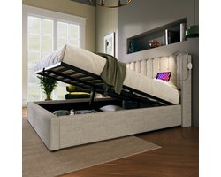 HAUSS SPOLE Katoen linnen Gestoffeerd Bed 160x200cm - Voor 2 personen met USB-Oplader en Leeslamp - met hydraulische hendel - Met Opbergruimte - Beige(zonder matras)