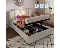 HAUSS SPOLE Katoen linnen Gestoffeerd Bed 90x200cm - Eenpersoonsbed met USB-Oplader en Leeslamp - met hydraulische hendel - Met Opbergruimte - Beige(zonder matras)