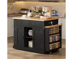 HAUSS SPOLE Keukeneiland Op Wielen - Uittrekbare Eettafel Met Stopcontacten En Usb - Extra Opbergruimte - MDF - Zwart - 132 235x70x90 Cm