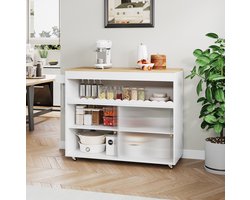 HAUSS SPOLE Keukeneilandwagen - Opklapbaar Werkblad En Schuifdeuren Van Gehard Glas - Voor Keuken En Buitenruimte - Wit Naturel - 122x46x91 Cm