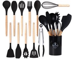 HAUSS SPOLE keukengerei set met Houder 12-delig – Hittebestendig Antiaanbak Veilig – Voor Dagelijks Koken – Kookgerei Set - Garde - Spatel Silicone - Zwart