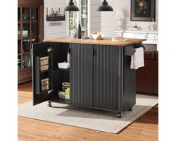 HAUSS SPOLE Keukenwagen – Uittrekbare KeukenEiland Met Vouwblad – 3 Deuren Met Verstelbare Planken En Handdoekhouder – MDF – 130x45(75)x92 cm – Zwart