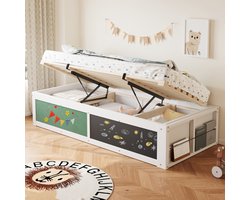 HAUSS SPOLE Kinderbed 90x200 cm - Hydraulische Opbergruimte en Zijvak voor Boeken - Multifunctioneel Houten Bed - Wit - Zonder matras