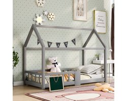 HAUSS SPOLE Kinderbedden 90 x 200 cm - Huisbed Met Lattenbodem En Bord - Grenenhout - Grijs (Zonder matras)