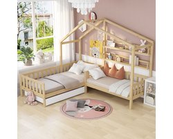 HAUSS SPOLE Kinderbedden - 90x200 + 70x140cm - L-Vormig Huisbed Met Laden - Met Lattenbodem En Opbergruimte - Vurenhout - Natuurlijk(Zonder matras)