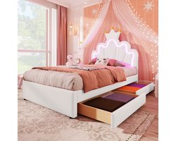 HAUSS SPOLE Kinderbedden 90x200 cm - Gestoffeerd Bed Met LED Licht En 2 Laden - Voor Meisjeskamer En Opbergruimte - PU - Wit