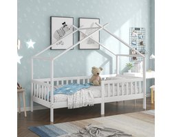 HAUSS SPOLE Kinderbedden - 90x200 cm - Huisbed Met Lattenbodem En Valbeveiliging - Voor Kinder- En Jeugdkamer - Vurenhout - Eenpersoonsbed - Wit(Zonder matras)