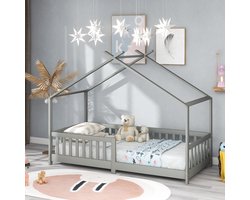 HAUSS SPOLE Kinderbedden 90x200 - Huisbed - Met Rausfallschutz en Zaun - Grenen - Grijs