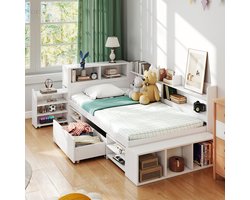HAUSS SPOLE Kinderbedden 90x200cm - Eenpersoonsbed Met Lades En Kasten - Massief houten Hoogslaper - Inclusief Lattenbodem - MDF - Wit(Zonder Matras)