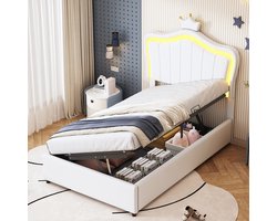 HAUSS SPOLE Kinderbedden Gestoffeerd Bed 90x200 cm – Kunstleer Eenpersoonsbed Met Hydraulische Boxspring En LED Licht – Met Opbergruimte En Lattenbodem – Wit