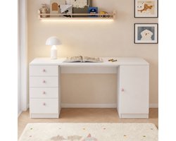 HAUSS SPOLE Kinderbureau - Bureau Met 4 Lades En Opbergkast - Voor Studeren En Computergebruik Thuis - MDF - 155x45x75 Cm - Wit